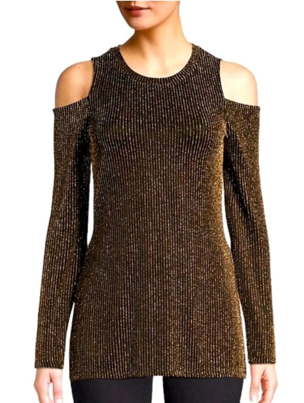 Michael‎ Kors Gold Black Sparkle Metallic Cold Shoulder Top Women's Size 1X